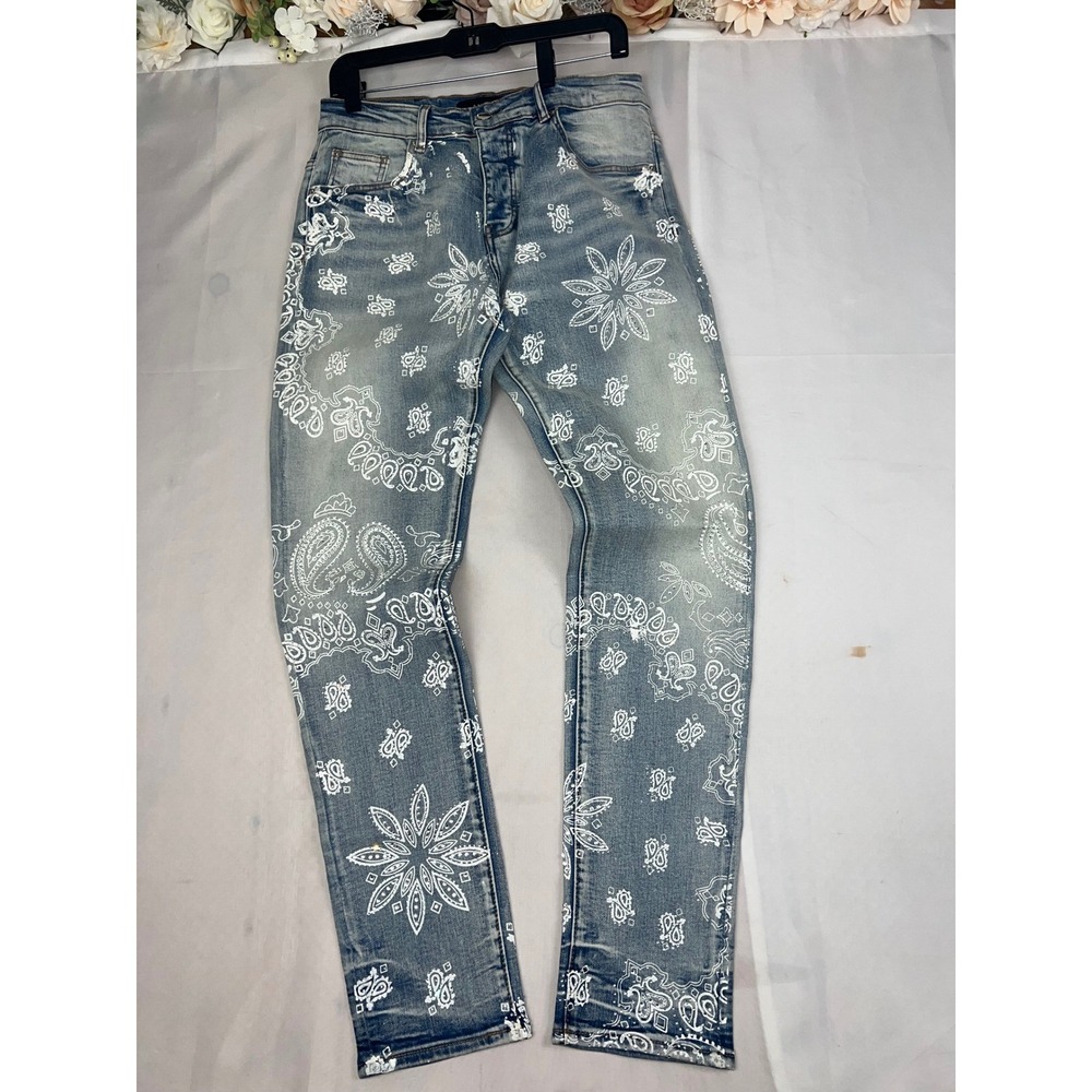 Amiri Mens Bandana Paisley Print Slim Fit Jeans‎ Light Wash Blue Denim Crystal